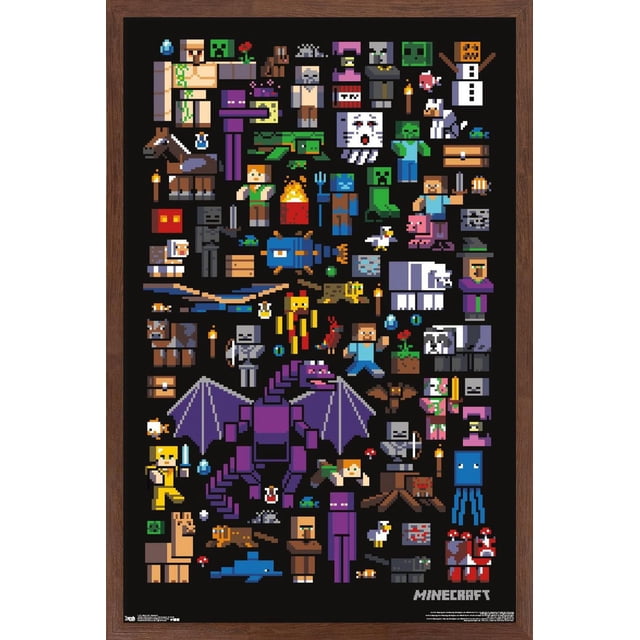 Minecraft - Affiche Murale de Mobbery, 22,375 Po x 34 Po, Présentant un art pixel de mobs Minecraft comme Ender Dragon, Creepers, Squelettes, Zombies, Golem de Fer, Golem de Neige et Villageois sur Fond Noir avec un Cadre en Bois Brun, Idéal pour la Déco de la Maison, les Salles de Jeux Ou la Décoration de Fête.