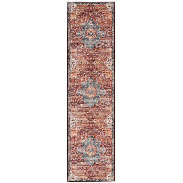 Carter 2' x 8' washable runner rug in rust and ivory featuring an antique medallion design with distressed blue, orange, and red tones. Made of stain-resistant 100% polyester with nonslip backing, ideal for high-traffic areas like kitchens and hallways. Machine washable for easy care and family-friendly use.