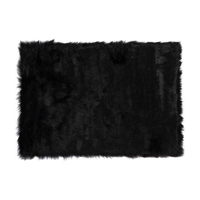 H-Luxe Hudson Faux Fur 2'X3' Rug in black, rectangular with thick, plush acrylic faux fur pile and soft texture, featuring a microsuede anti-skid backing for secure placement, suitable for indoor accent use or draped over furniture for added warmth and comfort.