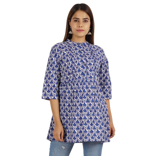 Moomaya Tunique en Coton Imprimé pour Femmes, Col Mandarin, Tenue Ethnique, Kurti à Épingles