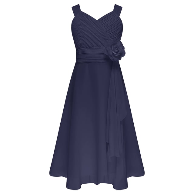 MSemis Kids Girls Elegant Flower Girl Dress Sleeveless Ruched Bodice Cascading Ruffle Wedding Party Dress Navy Blue 10