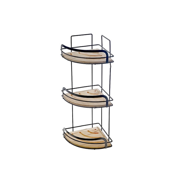3-Tier Corner Rack With Bamboo featuring three triangular bamboo shelves supported by a black metal frame with raised edges, ideal for kitchen storage and organizing utensils, cookware, or small household items in corners.