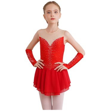 Alvivi Kids Girls Figure Skating Competition Costume Sleeveless Rhinestone Ballet Leotard Dress with Gloves Red 8