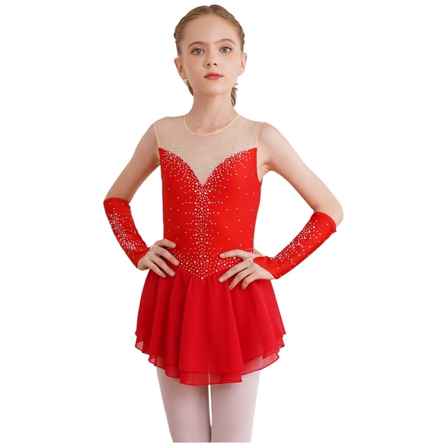 Aislor Robe de Patinage Artistique pour Fille, Robe de Danse Ballet Sans Manches en Maille avec Strass, Justaucorps de Gymnastique Rythmique avec Gants Rouge 12