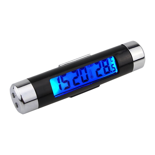 Black Plastic Car Vent Thermometer & Clock Combo with LED Digital Display, Blue Backlight, 2 x L44 Button Batteries Included, Compact 85x24x24mm Size, 20g Lightweight Design for Vehicle Dashboard Use