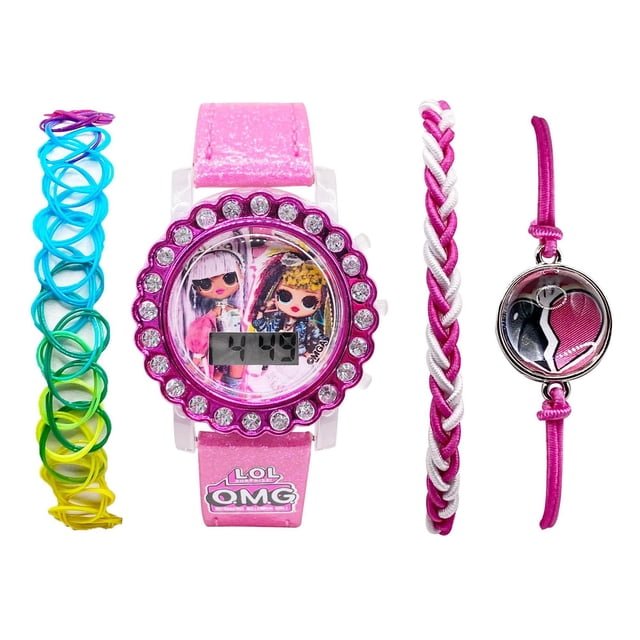 LOL Surprise Kids flashing dial LCD Watch With Bracelet Set featuring a pink sparkled strap watch with rhinestone bezel and easy-to-read digital display showing LOL dolls on the dial, accompanied by three bracelets: a multicolored spiral bracelet, a pink and white braided bracelet, and a pink cord bracelet with a heart charm, suitable for everyday wear and gifting.