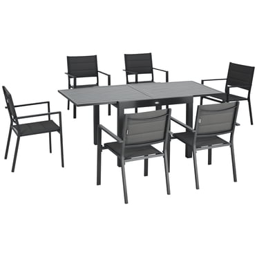 Outsunny Patio Dining Set, Expandable Table, 6 Stackable Chairs, Dark Grey