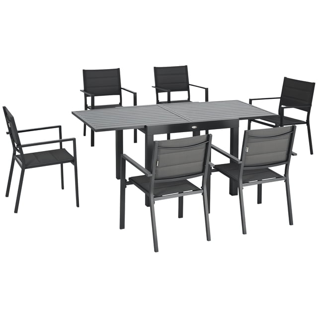 Outsunny Ensemble de Salle à Manger de Patio, Table Extensible, 6 Chaises Empilables, Gris Foncé