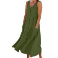 thumbnail image 2 of BiZtdJrK Robe Longue d'Été en Coton et Lin pour Femme, Boutonnée, Fluide, Vacances Plage, Robes Soleil, Couleur Unie, Col Ras du Cou, Maxi avec Poches, Vert Armée, G, 2 of 8