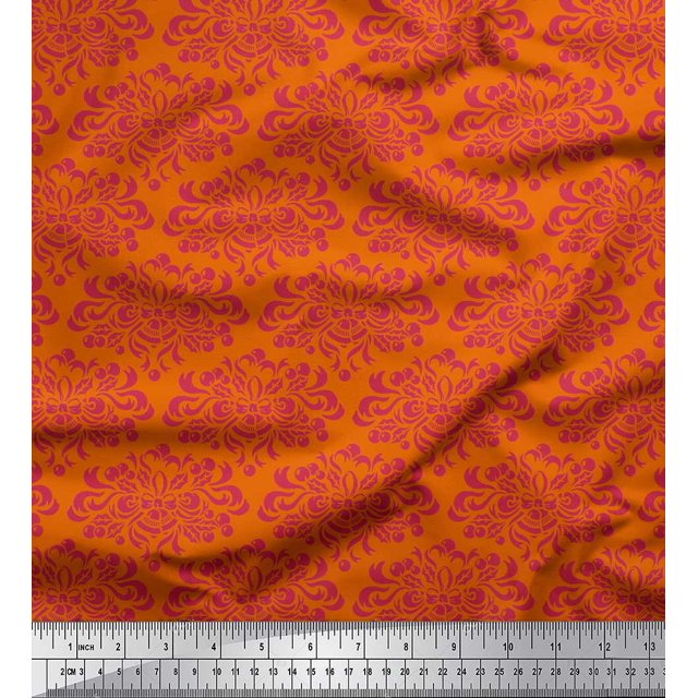 Soimoi Orange Cotton Poplin Fabric Filigree Damask Print Fabric by Yard 42 Inch Wide
