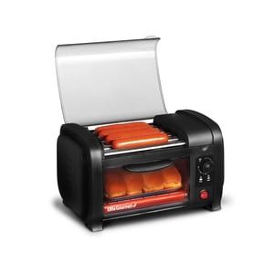 Elite Gourmet EHD-051BX Hot Dog Toaster Oven, 30-Min Timer, Stainless Steel Heat Rollers Bake & Crumb Tray, World Series Baseball, 4 Bun Capacity, Black