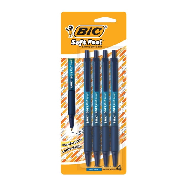 BIC Soft Feel Retractable Ballpoint Pen, Medium Point (1.0mm), Blue, 4 Count pack with four blue retractable ballpoint pens featuring soft-touch barrels and no-slip grips on orange and white branded packaging, suitable for comfortable writing at home, school, or office.
