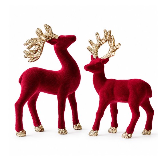 Christmas Reindeer Figurines Set of 2, Burgundy Red Flocked Deer with Gold Glitter Antlers, Standing Tabletop Decorations for Mantel and Shelf