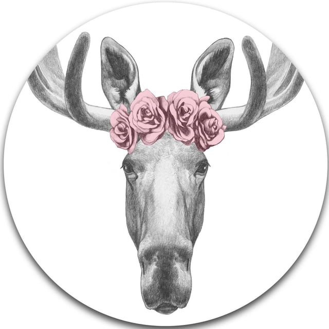 Design Art Moose with Floral Head Wreath' Ultra Glossy Moose Metal Circle Wall Art