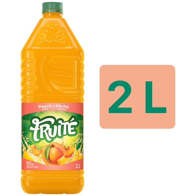 Fruité Peach Drink in a 2 L clear plastic bottle with green screw cap, featuring a label with peach fruit and juice splash, delivering a fruit juice blend with 90 calories per 250 mL serving, ideal for daily refreshment.