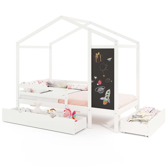 Costway Lit Cabane Simple avec 2 Tiroirs de Rangement en Blanc, Doté d'Un Cadre Plateforme en Bois Massif avec un design Fantaisiste en Forme de Maison et un Panneau Tableau Noir pour des Activités Créatives. Comprend Deux Tiroirs Spacieux avec des Roulettes à Roulement Fluide pour un Rangement Pratique des Jouets, des Vêtements Ou des Livres. le Cadre de Lit Est Fabriqué à Partir de Lattes de Pin et de Contreplaqué Durables, Supporte jusqu'à 400 Lb. de Hautes Garde-Corps Renforcent la Sécurité, et le Lit s'Adapte à un Matelas Format Simple Sans Sommier. Dimensions : 80 x 41,5 x 71