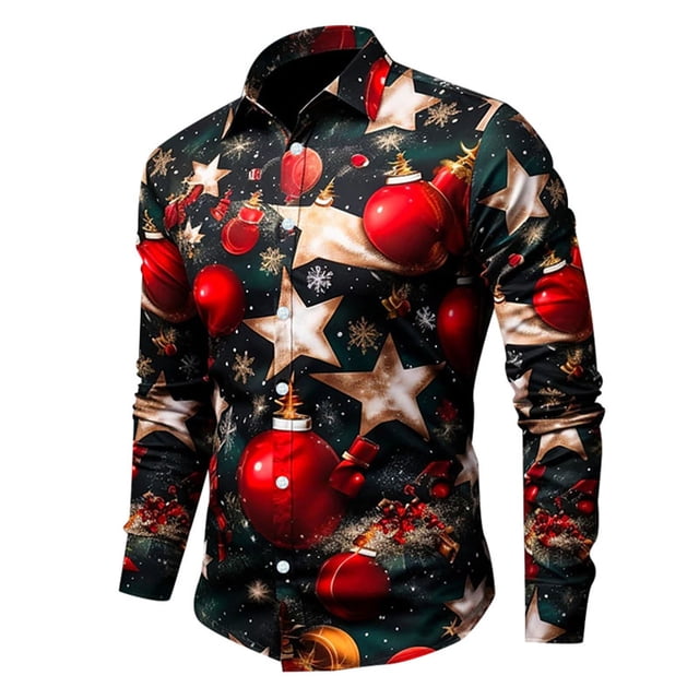 Kcodviy Mens Christmas Santa Digital Adult Rompers Men 3D Printed Button Lapel Long Sleeve Shirt with Button Long Sleeve Shirt Top