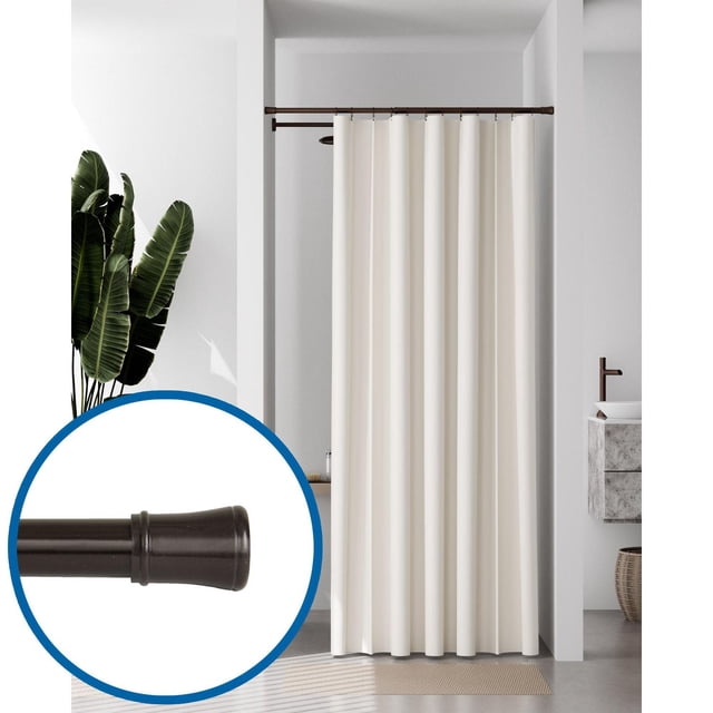 Mainstays Easy Up Adjustable Tension Shower Curtain Rod, No Tools Needed, installed in a white bathroom alcove with a cream-colored shower curtain. The dark bronze tension rod features a smooth rounded end cap shown in a close-up circle. Designed for tool-free installation, it fits various shower sizes and is also suitable for closet organization.