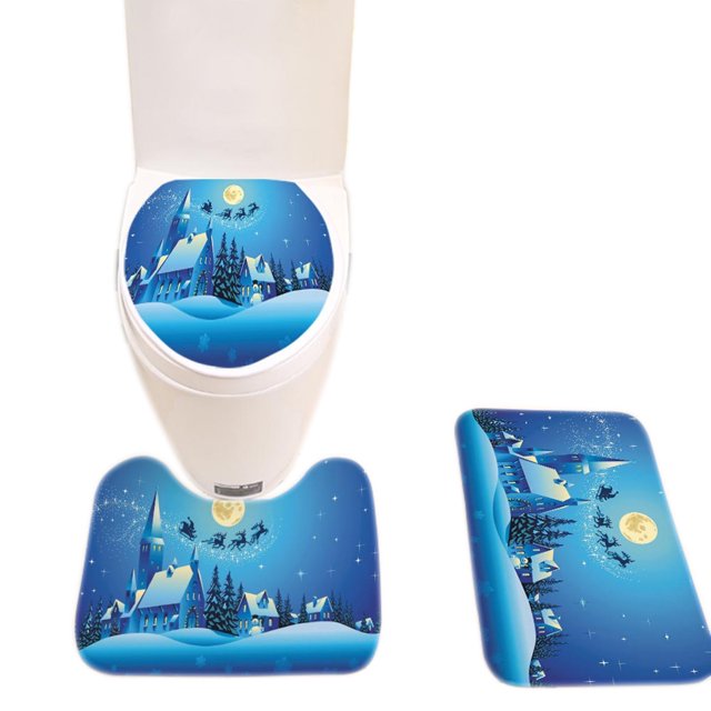 3PCS Bath Rug Set Fashion Xmas Print Decorative Toilet Rug Toilet Lid Cover for Christmas