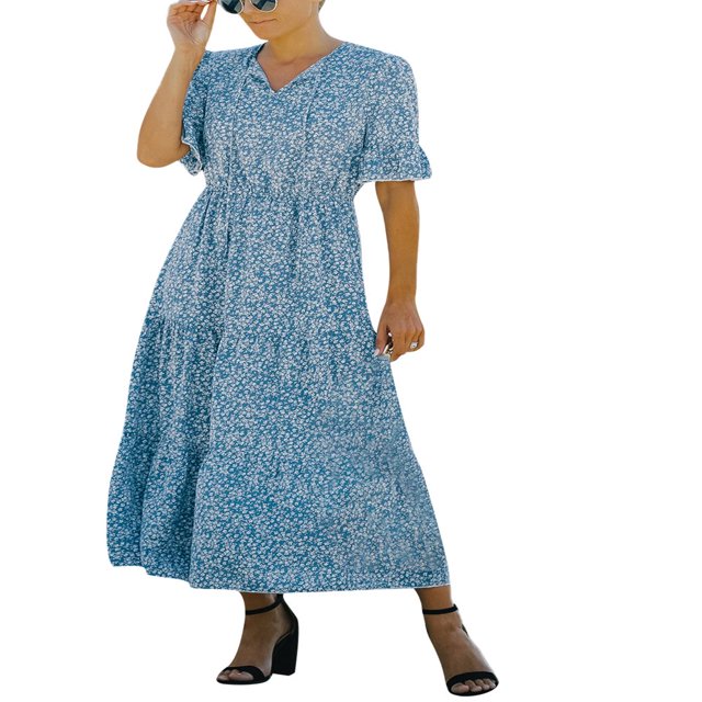 Robe Décontractée à Volants Manches Courtes Imprimé Floral Taille Haute Col en Chiffon Robe Longue de Plage Fête Vert s