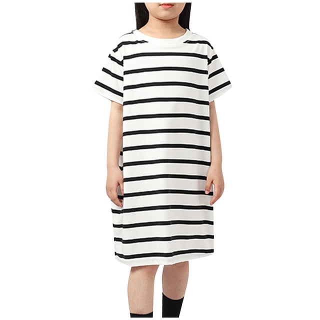 RXIRUCGD 2025 Vêtements d'Été pour Enfants Robe pour Enfants Robe d'Été pour Filles Nuisette Tricotée à Rayures à Manches Courtes pour Enfants Robe pour Filles