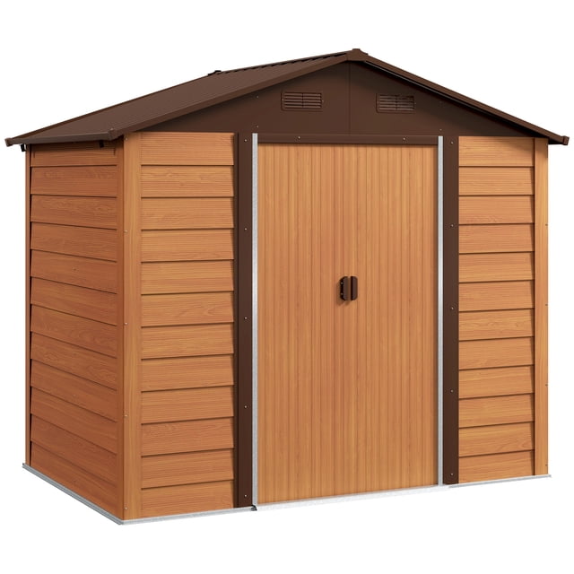 Outsunny Remise de Rangement Extérieure 7,5 Pieds x 6,5 Pieds avec Doubles Portes en Brun Foncé, avec Panneau horizontal, Toit au Sommet et Évents pour la Circulation d'Air. Fabriquée en Acier Galvanisé pour la Durabilité et la protection Toute l'Année. Idéale pour Ranger des Outils de Jardinage, de l'Équipement Extérieur Ou des Articles Saisonniers.