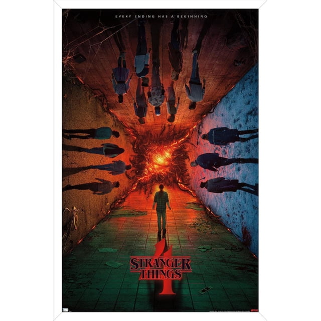 Netflix Stranger Things: Season 4 - Group Teaser One Sheet Wall Poster, 22.375" x 34", showing a centered figure on a tiled floor facing a glowing red fissure with tendrils, surrounded by shadowed figures on walls and ceiling, with the Stranger Things 4 logo and the phrase 'Every ending has a beginning', printed on glossy poster paper ideal for wall art and room décor.