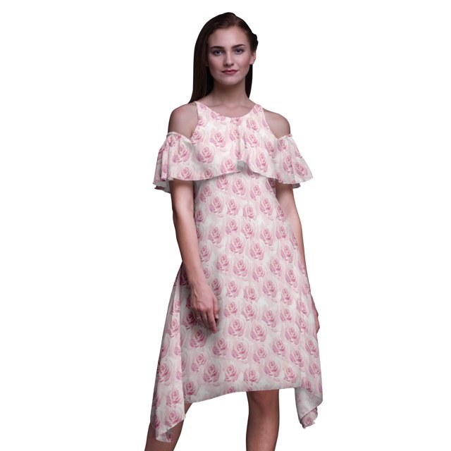 Bimba Robe Midi à Manches Volantées pour Femmes, Tunique Évasée à Épaules Dénudées, Imprimé Floral Rose - XXX-Large