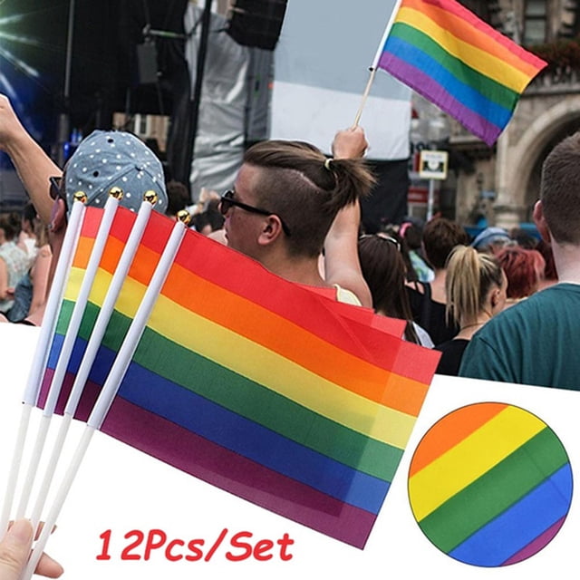 Diceymbol 2025 New 12Pcs/Set LGBT Flags designed for hand waving at festivals. Each flag features vibrant rainbow stripes, measuring approximately 21.2x14.2cm, with a 30cm white flagpole. Made of durable polyester, these multicolour flags are ideal for outdoor events, pride parades, or decorative use in gardens, patios, or balconies. The set includes 12 flags, perfect for group celebrations or personal displays.