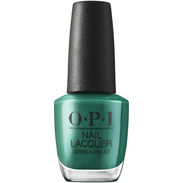OPI Nail Lacquer bottle in teal green with a black textured cap, labeled with the brand and product name, designed for chip-resistant, smooth, glossy nail color with pro-wide brush application and quick drying, suitable for weekly manicure updates.