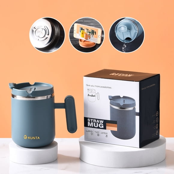 Stainless Steel Mug with Lid | Double Wall Insulated Coffee Cup 450ml | Reusable Hot Cold Drink Tumbler | Handle | Durable 304 Steel | Leakproof Travel Office Home Cup | Orange Blue Green | Easy