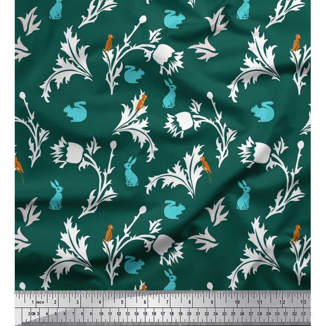 Soimoi Crepe Silk Fabric Leaves,Floral & Rabbit Animal Fabric Prints By Yard 42 Inch Wide