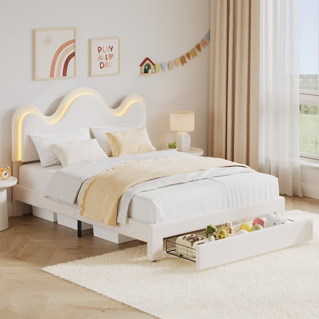 Princess Boucle Upholstered Bed Frame with LED Lights & Storage Drawer – Adjustable Headboard, Wood Slats, No Box Spring Needed – TWIN / FULL / QUEEN, Pink / White