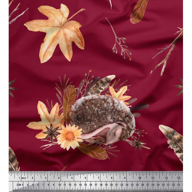Soimoi Tissu Voile de Coton Rouge Feuilles & Hérisson Imprimé Animal 1 Yard 56 Pouces de Large