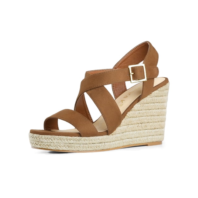 BLISSFUL STEP Chaussures pour Femmes Sandales Compensées Espadrilles à Bride Cheville Croisée Brun 6