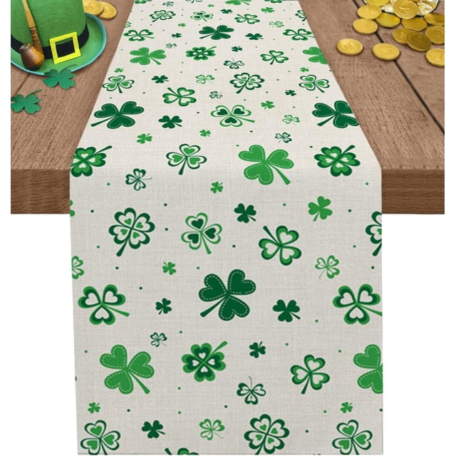 Lucky Clover Shamrocks Table Runner St. Patricks Day Holiday Table Runners for Dining Table Decor, Kitchen Decor Burlap Table Runners 108 Inches Long St Patricks Day Decorations Dresser Scarf13x108in