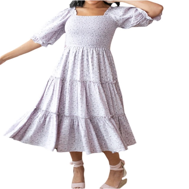 EASTIN Mommy and Me Dresses Floral Print Short Sleeve Ruffle Beach Midi Dress Sundress