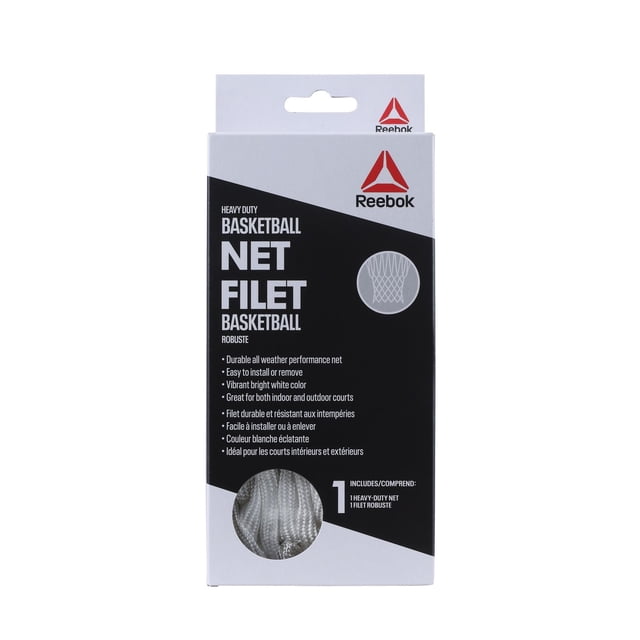 Reebok Heavy Duty Replacement Basketball Net packaging in white and black with product details highlighting durable all-weather performance, easy installation, vibrant bright white color, and suitability for indoor and outdoor courts, featuring a clear window displaying the white basketball net inside.