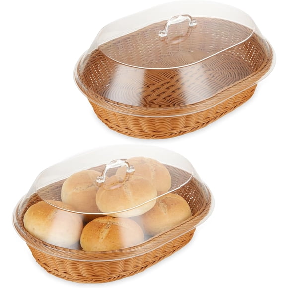 Panier de Service Tressé avec Couvercle en Acrylique Transparent, Grand Plateau à Pain en Osier, Rangement Alimentaire Rectangulaire en Imitation Rotin