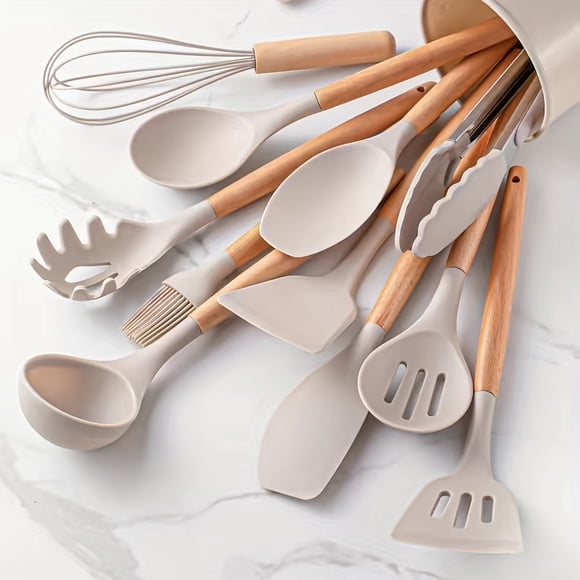 JUNWELL 12pcs/set Silicone Utensil Set Kitchen Utensil Set Safety Cooking Utensils Set Non-Stick Cooking Utensils Set With Wooden Handle Washable Modern Cookware Kitchen Stuff Kitc