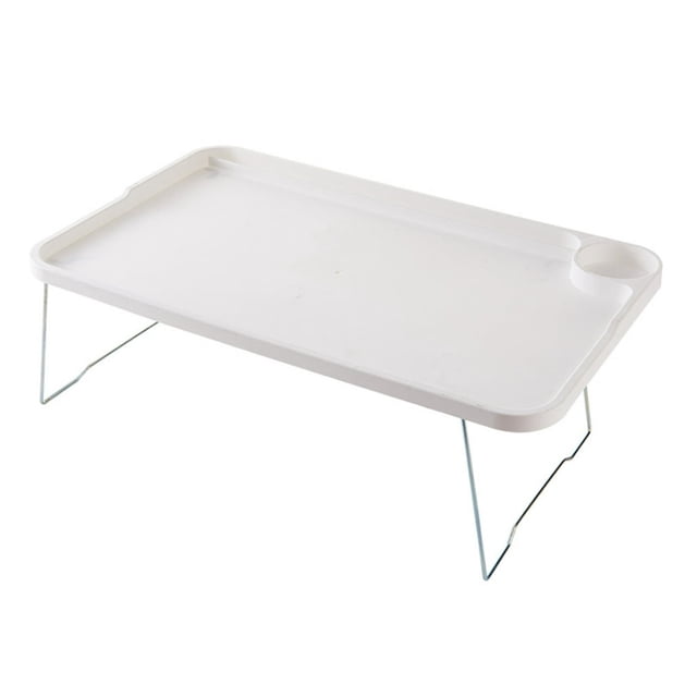 EASTIN Lap Laptop Desk, a portable and foldable laptop bed table with a cup holder. Made of MDF with aluminum alloy legs featuring a powder-coated finish and sponge-covered feet for non-slip stability. The desk measures 49.8 x 29.5 x 2.1 cm and is suitable for laptops up to 17 inches. It has a white surface with a built-in cup holder and a folding design for easy storage. Ideal for use as a laptop workstation, bed table, or serving tray.