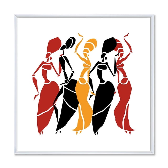 Designart Beautiful Dancers Afro American Silhouettes FLOAT FRAME WALL ART depicting five abstract female silhouettes in red, black, and yellow dresses with headwraps, printed on premium cotton canvas with fade-resistant inks, gallery-wrapped and stretched over a 1-inch wood subframe in a white floating frame, ready to hang for modern home décor.
