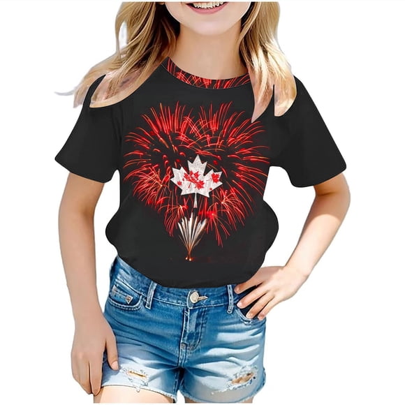 Zwiiyzr T-Shirt Garçons Filles « Happy Day Fête du Canada » Graphique Été Col Rond Manches Courtes T-Shirt Imprimé Hauts pour Enfants Ados 3-12 Ans Noir