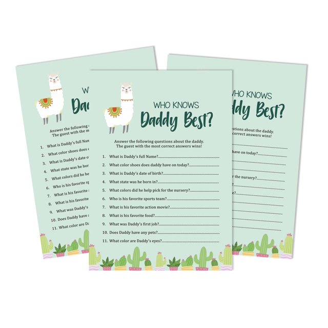 Inkdotpot Llama Gender Neutral Who Knows Daddy BestBaby Shower GameCards FunActivity Cards Set Of 50Party Theme