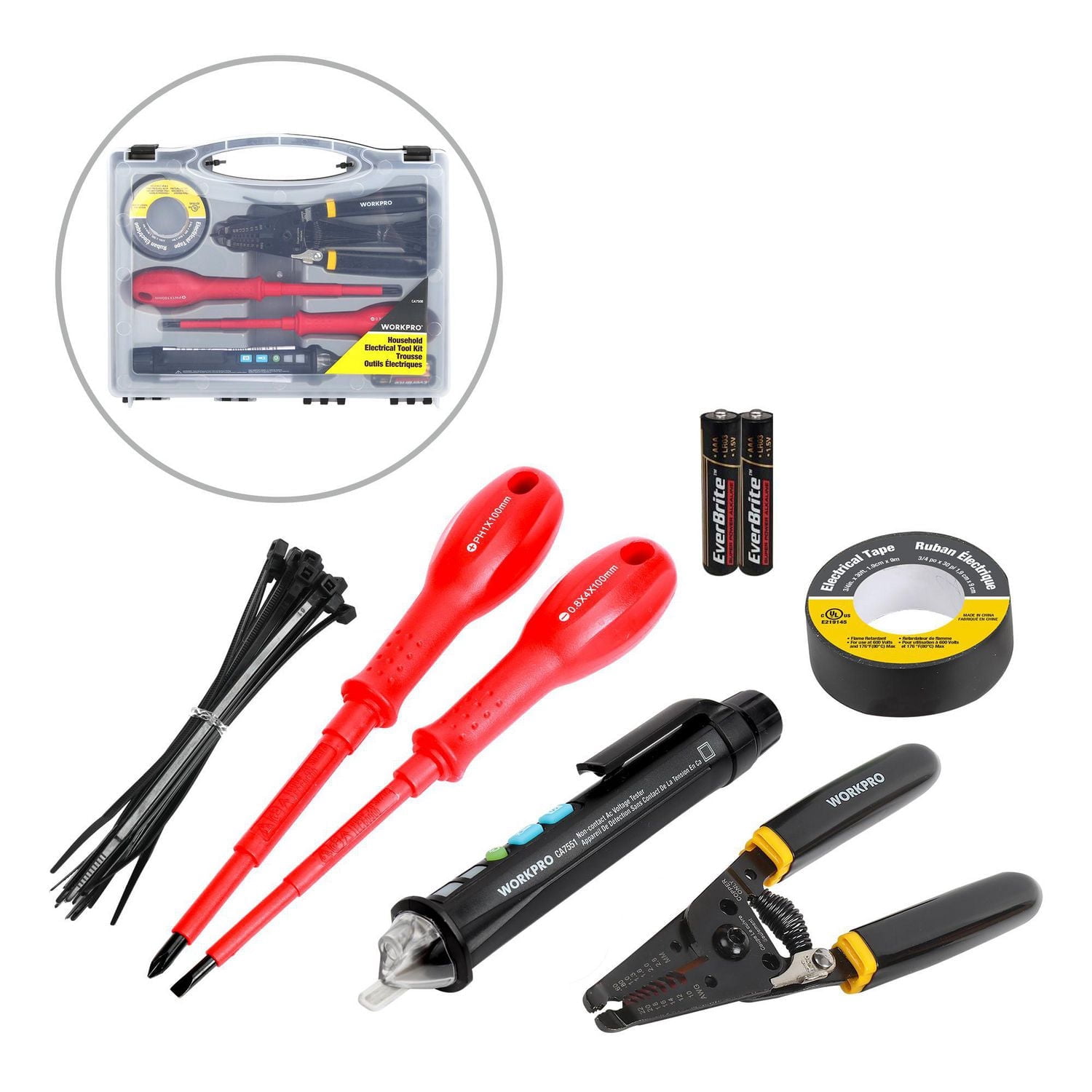 WorkPro Household Electrical Tool Kit ,Wire Stripper, Insulated Screwdrivers, NCV Tester