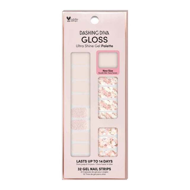 DD- GLOSS - CRYSTAL CLEAR gel nail strips by Dashing Diva featuring 32 chip-resistant, ultra-shiny gel strips in 12 sizes with crystal clear and pink marble accent designs, vegan and cruelty-free, lasting up to 14 days with quick, no UV dry application for easy at-home manicures.