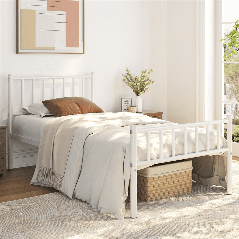 Fullfurnique Minimalist Metal Bed Frame with Vertical Bar Headboard and Footboard, Queen, White