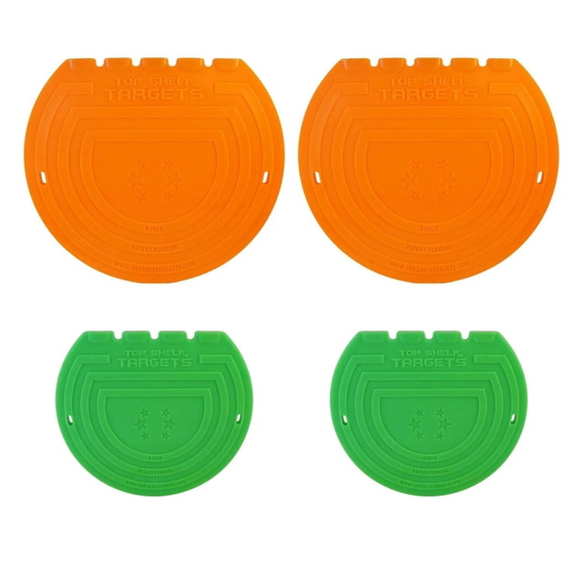Top Shelf Targets Combo Ensemble avec Quatre Cibles d'Entraînement de hockey en Demi-Cercle, Incluant Deux Cibles de Tireur d'Élite orange de 8 Pouces et Deux Cibles de Super Tireur d'Élite Vertes de 6 Pouces en Plastique Résistant aux Impacts avec Embossage d'Étoiles et Accessoires Magnétiques pour Objectifs en Métal, Convient à Tous les Niveaux de Compétence et à une Utilisation Toute l'Année.