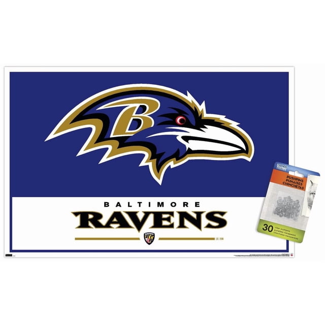 NFL Baltimore Ravens - Affiche Murale Logo 21, 22,375 Po x 34 Po Encadrée, Mettant en Vedette le Logo des Baltimore Ravens avec une Tête de Corbeau Stylisée en Violet, Noir, or et Blanc sur Fond Bleu au-Dessus du Texte Audacieux « Baltimore Ravens » sur un Panneau Blanc, Affiche Encadrée Idéale pour l'Art Mural et la Déco de Pièce dans les Chambres, Bureaux Ou Dortoirs.