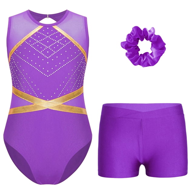 RUNQHUI Kids Girls Gymnastics Dance Active Outfit Sleeveless Patchwork Rhinestones Leotard with Shorts Purple 12